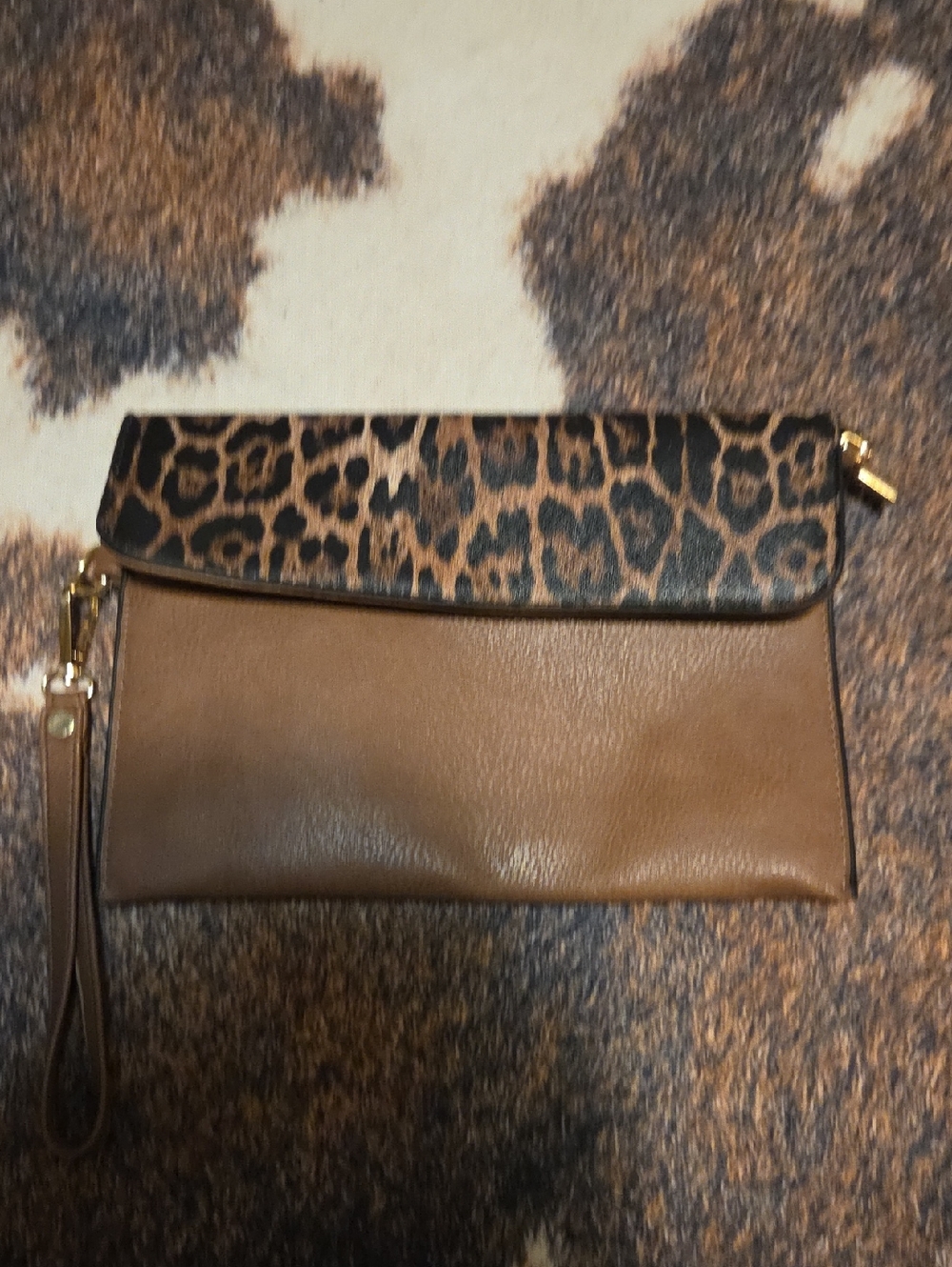 Leopard Flap Brown Wristlet Clutch
